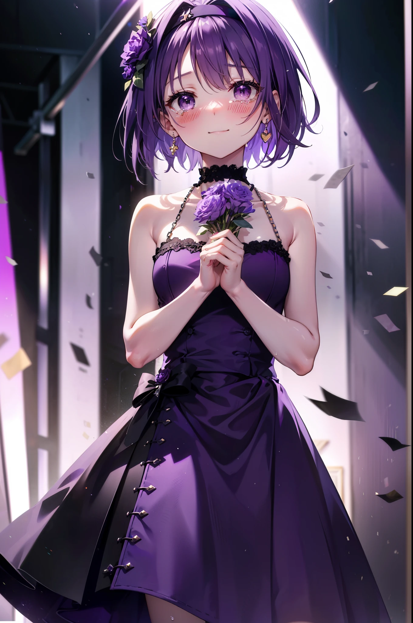 yuukikonno, Yuki Konno,Short Hair,Bob Hair, Black Hair,Ahoge,Green Hairband,(Purple eyes:1.5), (Small breasts:1.2), smile,Purple Dress,Purple long skirt,purple stiletto heels,Sleeveless,Expose your shoulders,Bare arms,Bare neck,bare clavicle,She is holding a large bouquet of flowers in both hands...,There is a big cake on the table,Heart Necklace,Tears stream down her face,Tears of joy,I cry a lot,Looking up from below,
break indoors, venue,on stage,
break looking at viewer, Upper Body, (Cowboy Shot:1.5),
break (masterpiece:1.2), highest quality, High resolution, unity 8k wallpaper, (shape:0.8), (Beautiful details:1.6), Highly detailed face, Perfect lighting, Extremely detailed CG, (Perfect hands, Perfect Anatomy),