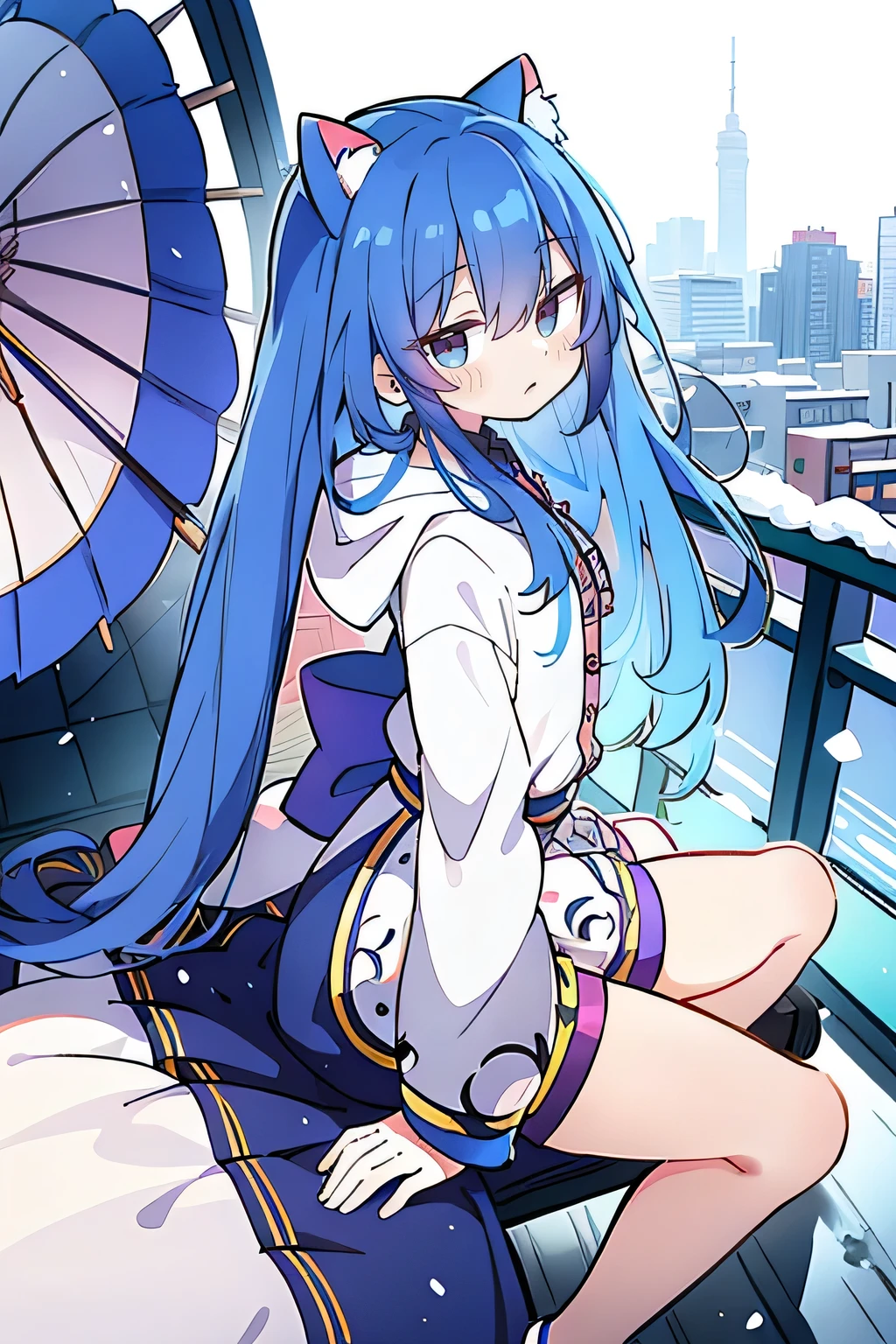 (masterpiece:1.2),Super detailed,lifelike,Expressive eyes,fair skin,perfect face shape,1 girl,
Japanese comics,Gorgeous blue hair,flowing blue hair,flowing clothes,Cat ears,Petals fall,beautiful lola,Baby Angel,
Cross your legs,Gentle and peaceful background,The pavilion is cool and comfortable,smile, wearing hoodie, background of tokyo,back views,snowing, winter.