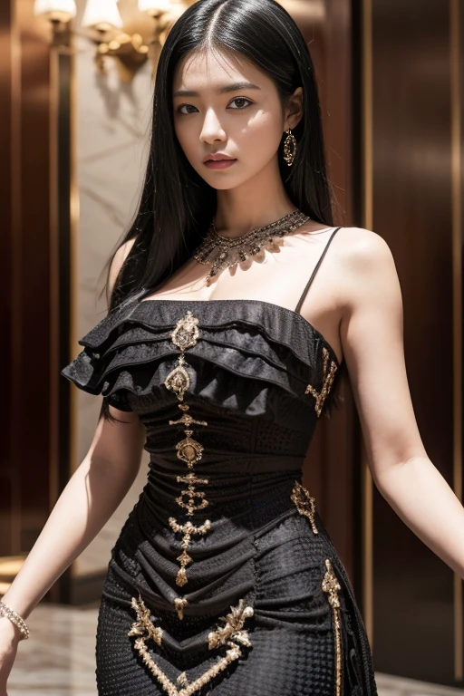 black hair, Surrealism, 8k, super detail, UHD, masterpiece, ccurate, anatomically correct, textured skin, super detail, high details, high quality, best quality, 8k，Beautiful woman，(fashionable dress:1.5)，conglomerate daughter，shangrila hotel