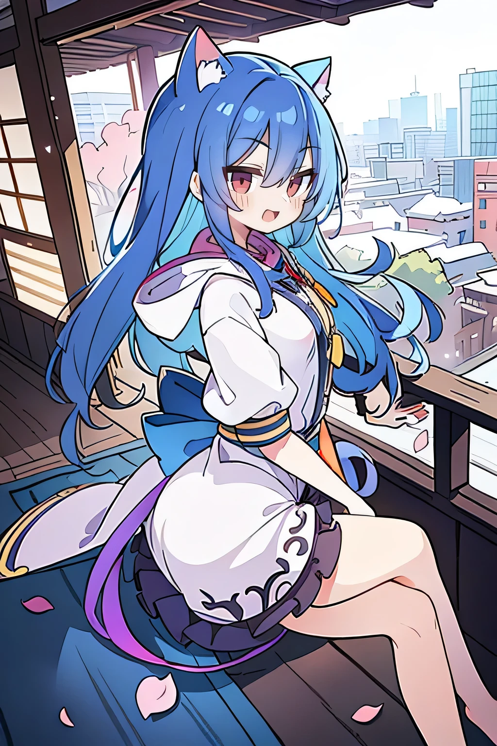 （masterpiece：1.2），Super detailed，lifelike，Expressive eyes，fair skin，perfect face shape，1 girl，
Japanese comics,Gorgeous blue hair,flowing blue hair,flowing clothes,Cat ears,Petals fall,beautiful lola,Baby Angel,
Cross your legs，Gentle and peaceful background，The pavilion is cool and comfortable,smile, wearing hoodie, background of tokyo,back views,snowing, winter.
