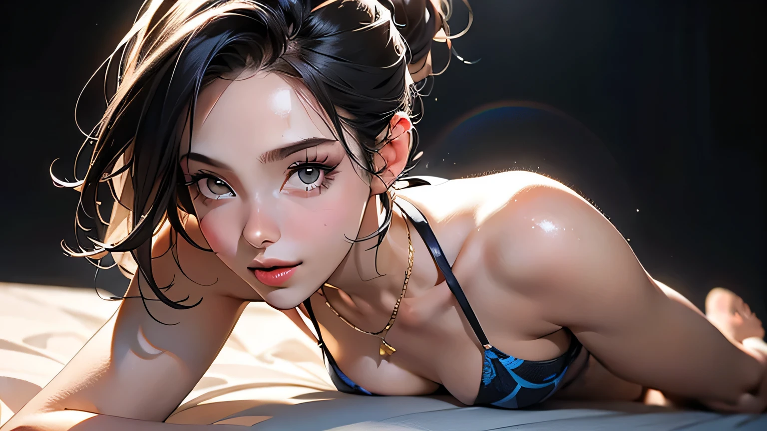 (8k, RAW photo, highest quality, masterpiece), High-resolution RAW color photo, long hair, full body, D-cup body, chest and navel visible (Realistic, Photorealism: 1.37), (Best quality), (Best shadow), (Best illustration), Clavicle ((Large)), ((Erotic, Sexy, Ultra HD, High quality CG integrated 8K wallpaper, Physically based rendering, Movie lighting), Best image quality, great details, ultra high resolution, (realism: 1.4), best illustrations, (maximum resolution: 1.2), (ultra high resolution: 1.2), cinema lights, 8K resolution, beautiful eyes and skin, detailed face, perfect style, pretty face, accurate, anatomically correct, flat core, compensating, mascara, soft lips, sexy smile, colorful, minimalism, monotonous, simple, clean, sharp project, fluid silhouette, small bikinis, shirts and blouses, asymmetrical, geometric, elegant and luxurious materials and designs, minimal accessories, silver or gold necklaces and thin rings, differentiated designs, silhouettes, fresh and urban prints, high fashion, tanned skin, dark eyes, long black ponytail, hair between the eyes, design: smeglejj