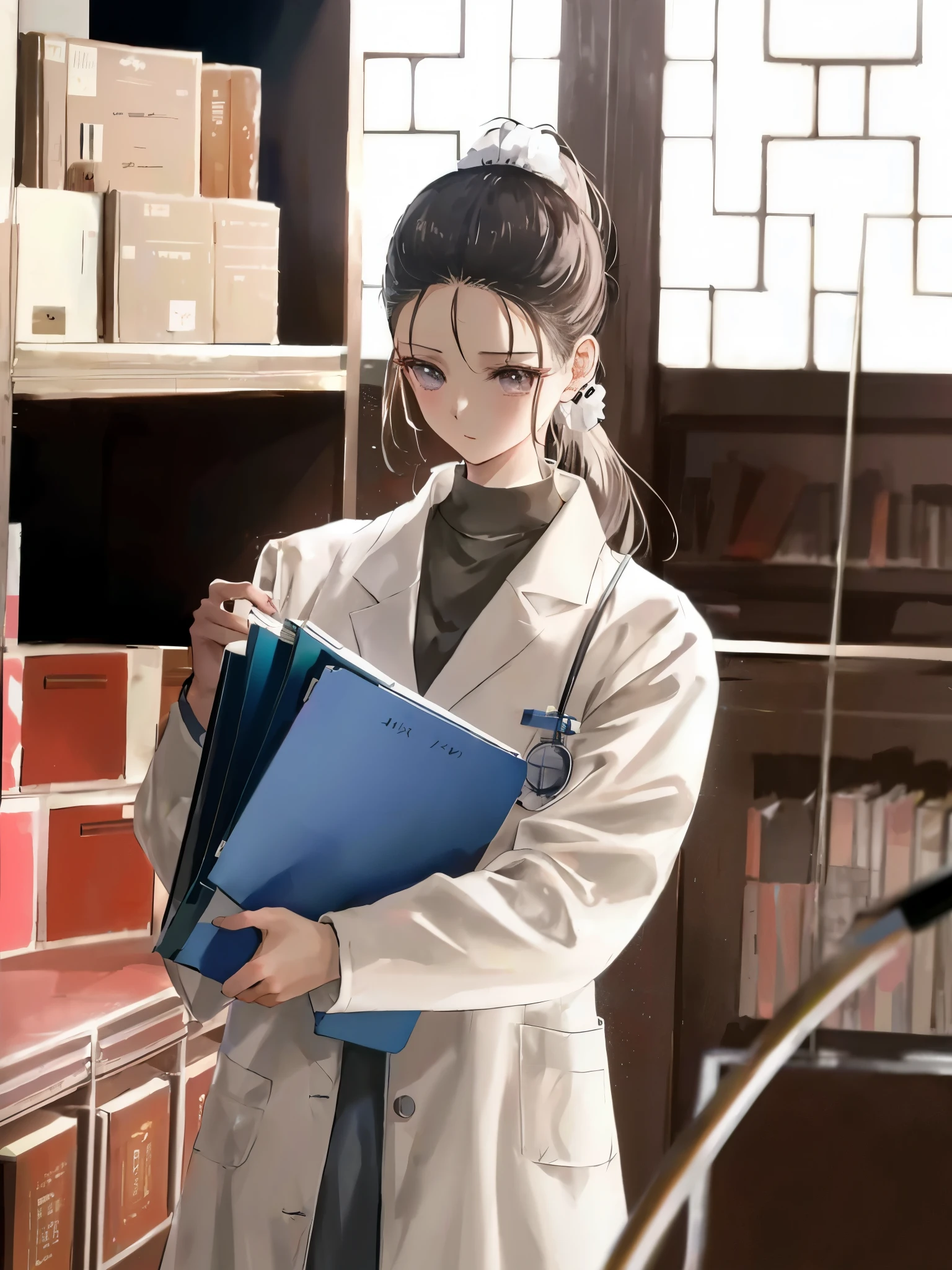 (ponytail forehead hair pulled back:1.3), arafed woman in lab coat holding a folder in a library, wearing lab coat and a blouse, bae suzy, doctor, with a lab coat, (doctor), wearing a labcoat, wearing lab coat, medical doctor, wearing a white lab coat, song hye - kyo, jaeyeon nam, scene from live action movie, wearing a lab coat, white lab coat