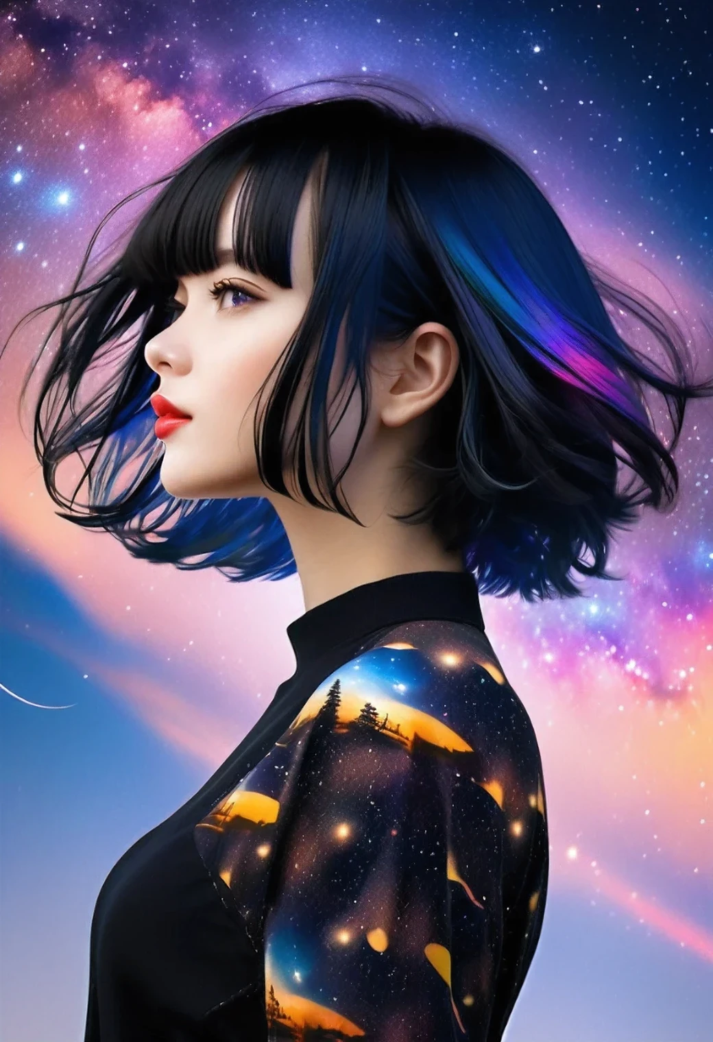 multiple exposure, raw photo:1.2, masterpiece, highest quality, 16k, unbelievably absurd, very detailed, perfect beauty, starry night sky with milkyway, beautiful cute girl, in a beautiful pose, jet black hair, modern sauvage bob hair, through bangs,raw photo, portrait, vibrant colors