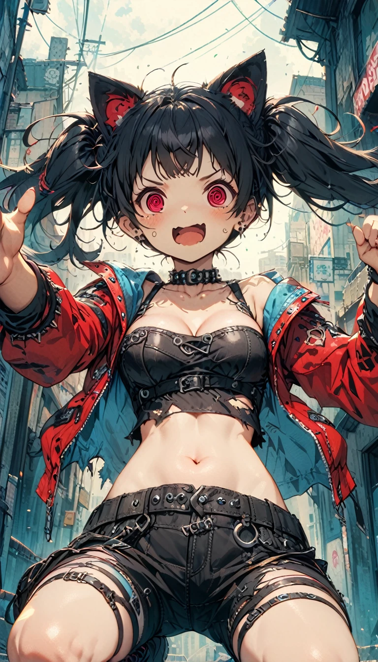 2d,solo,1female\(cute,kawaii,age of 12,(evil smile),floating hair,(black hair:1),long hair,twin tails hair,pale skin,skin color blue,red eyes,eyes shining,(big eyes),(ripped clothes:1.5),tight tube top,(breast:1.4),tight hot pants,(stomach shown),(punk fashion:1.4),jacket,fluffy black cat-ear,(dynamic pose:1.4),cute pose,open mouth,better hands,Perfect Hands,full body,(@_@:1.6)\), BREAK ,background\(outside,noisy city,backstreet,narrow street,(dark:2.0),neon lights\),[chibi:2.0],[nsfw:2.0],quality\(8k,wallpaper of extremely detailed CG unit, ​masterpiece,hight resolution,top-quality,top-quality real texture skin,hyper realisitic,increase the resolution,RAW photos,best qualtiy,highly detailed,the wallpaper/),(close up:1.0),from below