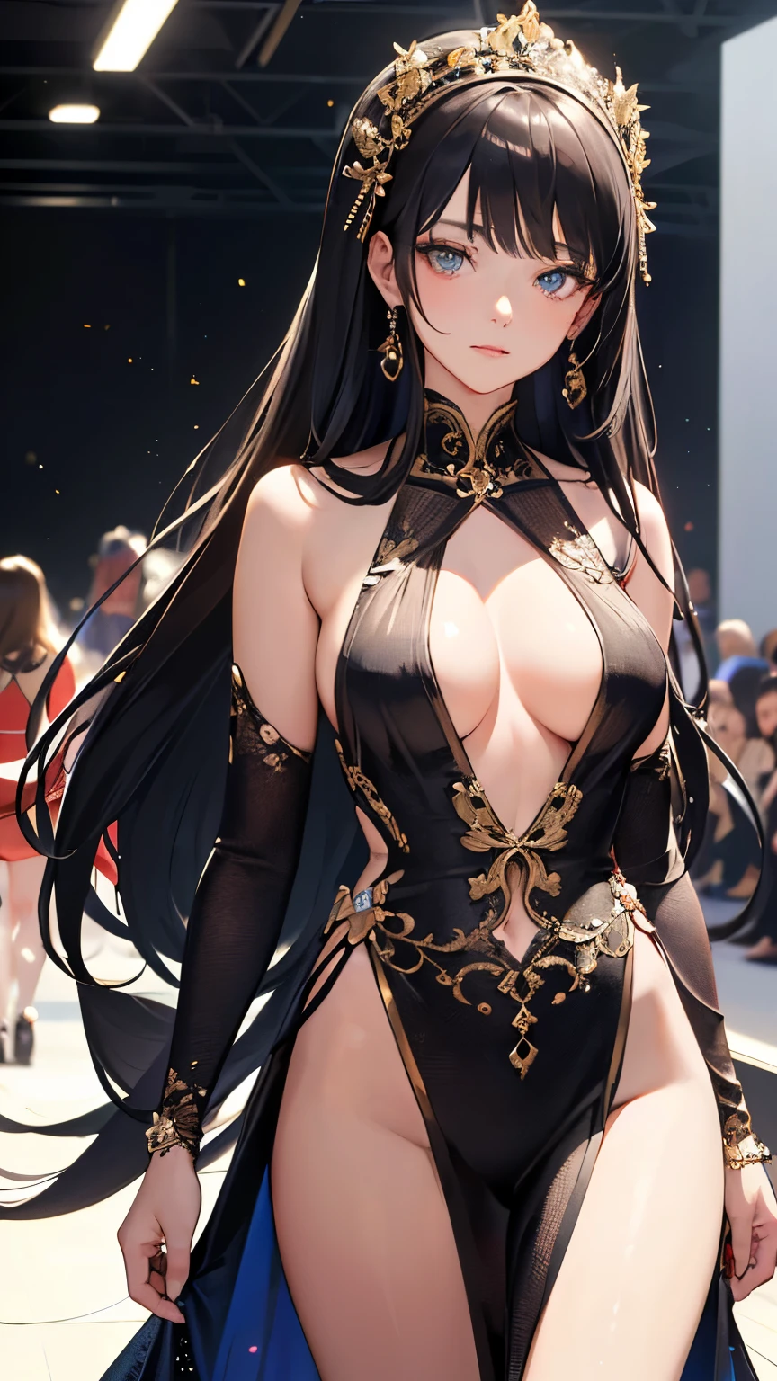 ((Best quality, 8k, Masterpiece: 1.3)),(high detailed face, high detailed eye), super detail, Sharp focus A beautiful woman with perfect body, Slim abdomen, Fashion shows, runway, catwalk, supermodel, glittering costume, luxurious costume, Paris Fashion Week, black hair, long hair, looking at viewer