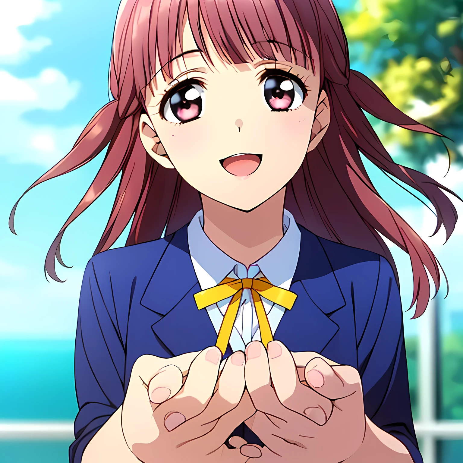 highest quality, (masterpiece:1.2), Very detailed, Game CG, ((((Very beautiful school uniform１Close-up shot of a girl)))), ((The girl everyone loves)), (((Very beautiful pink hair))), (((Navy blue blazer))), ((Dark navy blue checked long skirt)), ((((Very beautiful and shining eyes)))), ((Very long eyelashes)), A large crimson ribbon on the chest, ((An elegant expression like a noble princess)), (((A beautiful and enchanting smile))), Small face and great posture, ((Give the viewer a heavenly feeling of happiness)), (((Blur the background))), ((Very intelligent face)), ((Anime heroine smiling and open mouth)), ((I really want to kiss you))