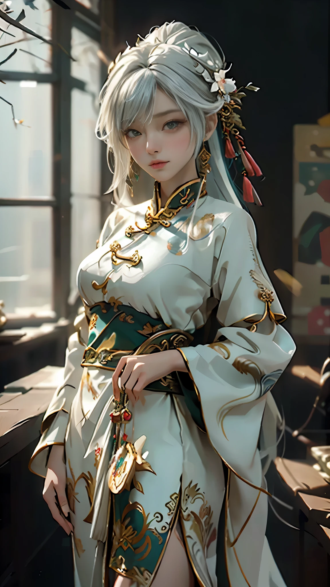 ((highest quality)), ((masterpiece)), (detailed: 1.4), 3D, Beautiful female figure, High resolution (High Dynamic Range), ancient chinese costume, Satin clothing, Feminine and sexy, White Chinese Dress, Green hair accessories, Tassel Earrings, Ray Tracing, NVIDIA, Super Resolution, Unreal 5, Scattered beneath the surface, PBR Textures, Post-processing, Anisotropic Filtering, Depth of written boundary, Exceptional sharpness and clarity, Multilayer Texture, Albedo and Specular Mapping, Surface Shading, Accurate simulation of light-matter interactions, Perfect Proportions, Octane Rendering, 2-color light, Large Diameter, Low ISO, White balance, Three-part method, 8K RAW, Very fine facial features, 顔のdetailed, 指のdetailed