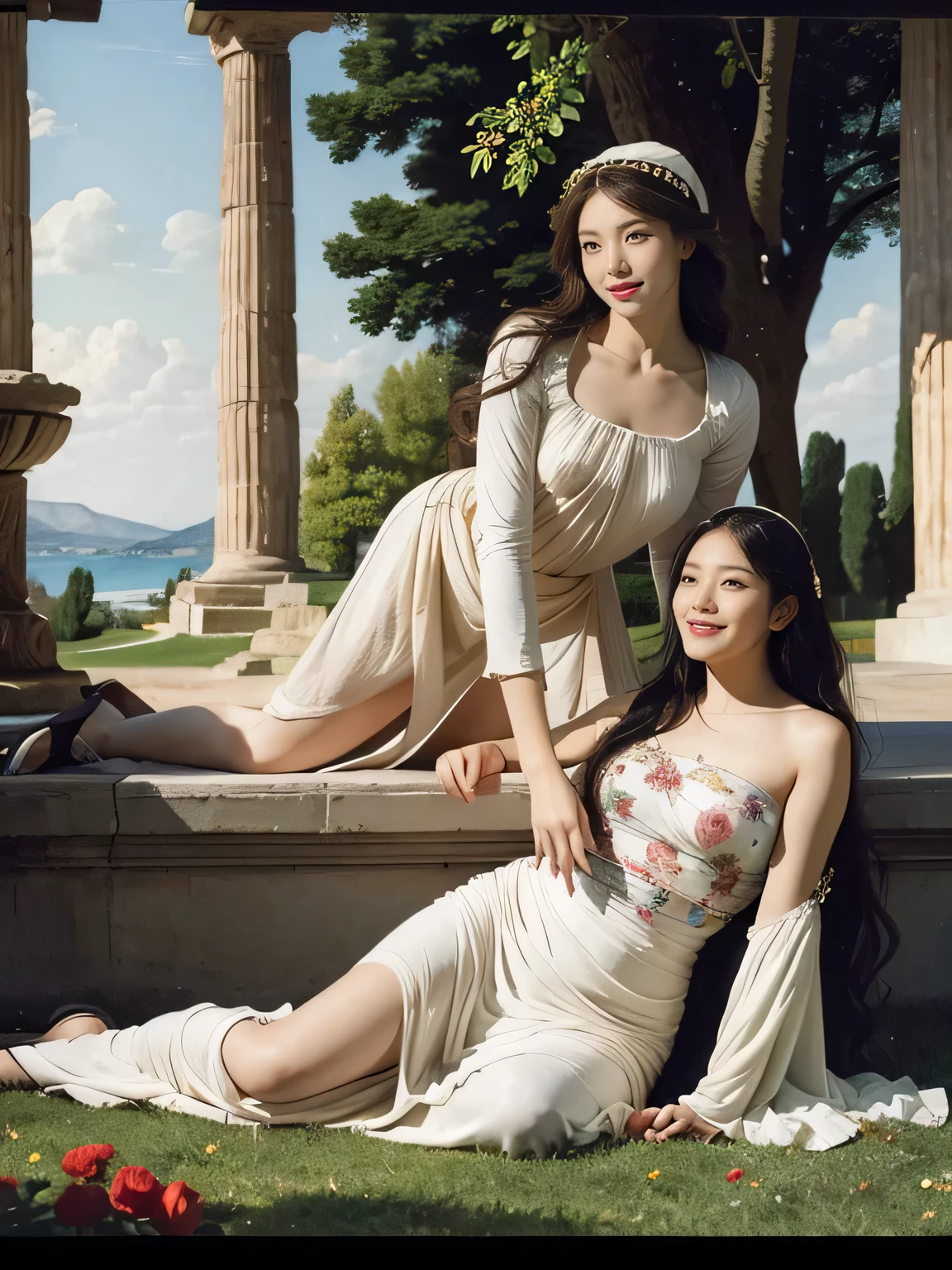 full body portrait or statue、Sandro Botticelli painting style,Arguments of two female Philosophe,math、astronomical machine、astronaut、roses in vase、fruits、Cute trinkets、smile、ancient greek costume、Ancient Roman landscape in the style of Nicolas Poussin,laughter,,Sweet and seductive appearance.、Caravaggio's paintings、Chiaroscuro of Caravaggio、hair tousled by the wind,Two women frolicking,cute smile, expression of ecstasy,Sexy,erotic