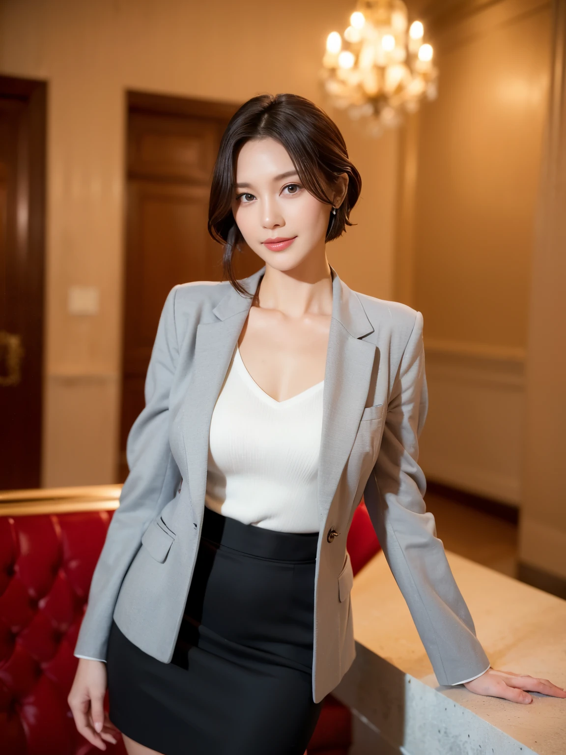 masterpiece,highest quality, (Mature Woman、30 years old), Glare, (Light grey blazer:1.6), (White ruffled blouse:1.5), (Black pencil skirt:1.4)、double eyelid, eyelash, Lip gloss, (smile:1), (Looking at the audience、Full body image、Are standing),Written boundary depth、尖ったRed Mouth、(Black wet shiny short hair),Red Mouth,clavicle、(Full body portrait:1.6)、Digital Illustration, (Realistic:1.3),(RAW Photos),(The hotel lobby is reminiscent of the Russian Kremlin:1.6)、(A dignified atmosphere:1.3)、