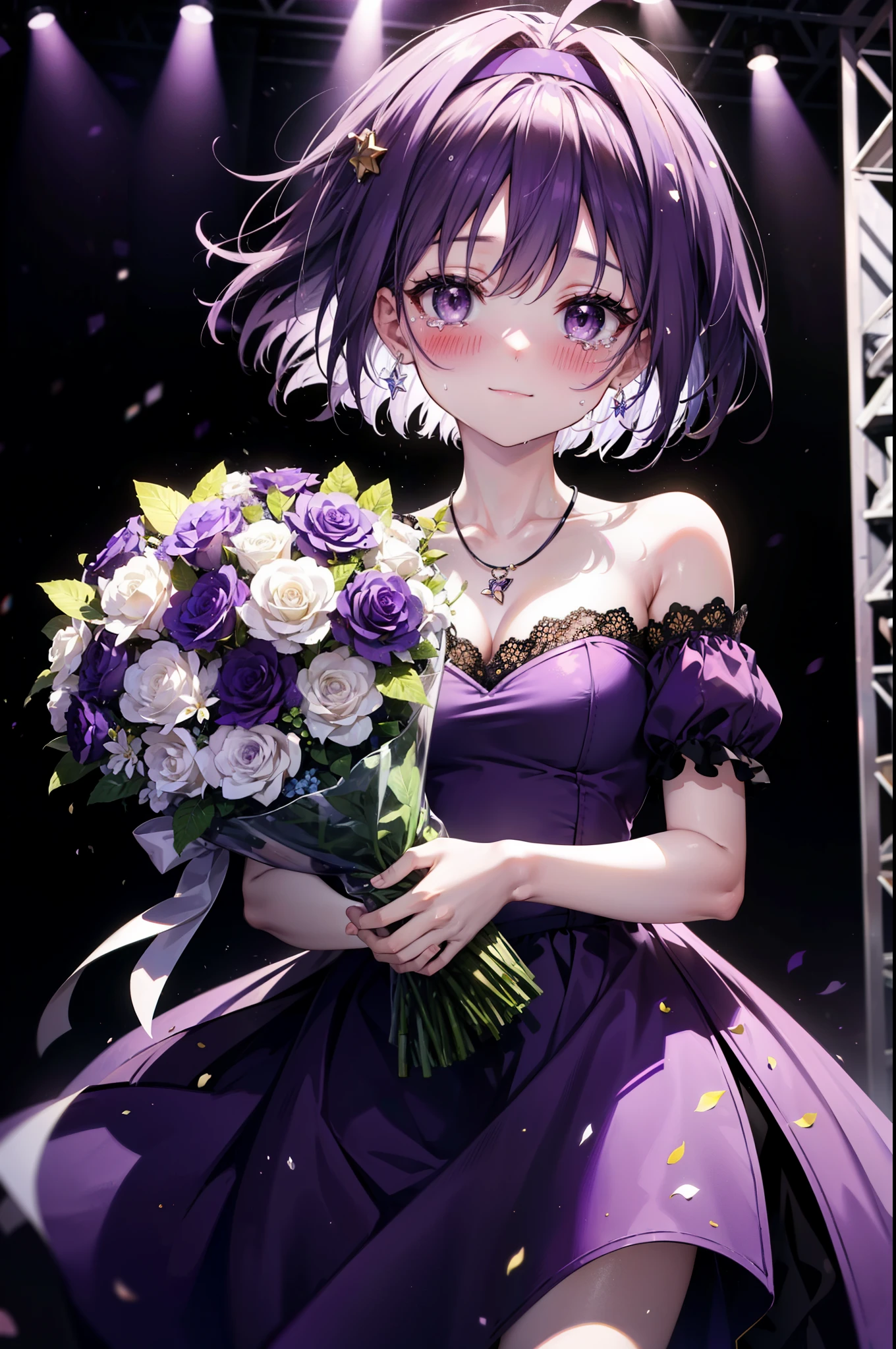 yuukikonno, Yuki Konno,Short Hair,Bob Hair, Black Hair,Ahoge,Green Hairband,(Purple eyes:1.5), (Small breasts:1.2), smile,Purple Dress,Purple long skirt,purple stiletto heels,Sleeveless,Expose your shoulders,Bare arms,Bare neck,bare clavicle,She is holding a large bouquet of flowers in both hands...,There is a big cake on the table,Heart Necklace,Tears stream down her face,Tears of joy,I cry a lot,Looking up from below,
break indoors,  venue,on stage,
break looking at viewer, Upper Body, (Cowboy Shot:1.5), 
break (masterpiece:1.2), highest quality, High resolution, unity 8k wallpaper, (shape:0.8), (Beautiful details:1.6), Highly detailed face, Perfect lighting, Extremely detailed CG, (Perfect hands, Perfect Anatomy),