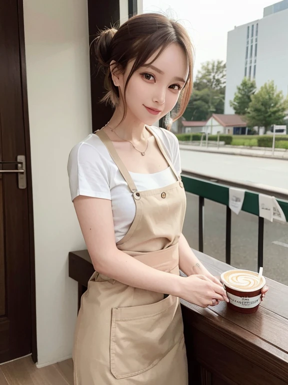 masterpiece, highest quality, High resolution,alone,Two-tone hair, Small earrings,Artistic,Best lighting,casual,Flat Chest,Beautiful Face,expensive,smile,light makeup,natural,24-years-old,Calm woman,Hair blowing in the wind,Blurred Background,Face Focus,Detailed Hair,A woman laughing,Woman in apron,Cafe,Woman with her hair tied up,Forehead,short hair