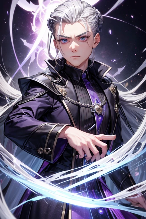 A hairstyle in which the entire hair is slicked back、Odd Eye、Silver hair back、male、Her hair is shoulder-length、Odd Eye、maleの左目赤色、male右目青、Purple coat、Increase the wide angle、Clear Eyes、Lightning Magic Circle