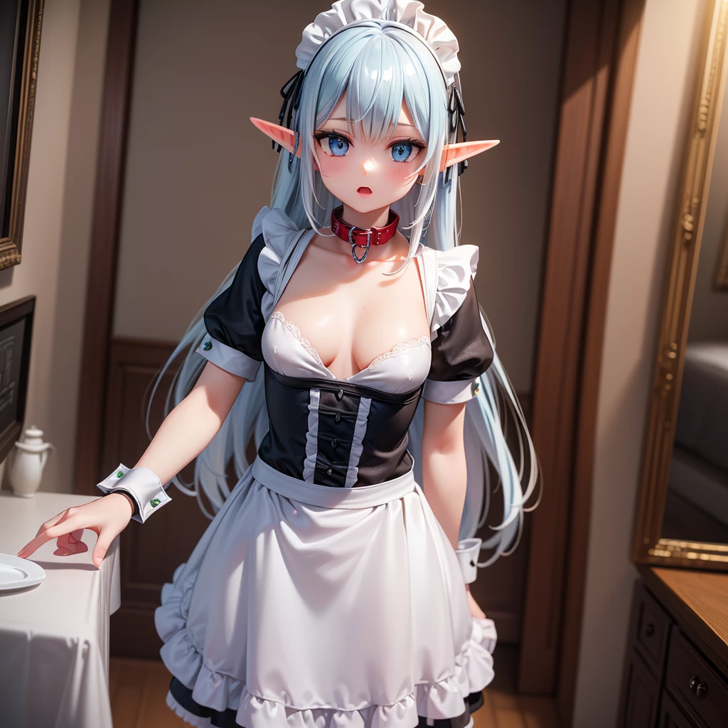 (best quality, masterpiece, uncensored, high quality, ultra detailed, extremely detailed CG, beautiful face, beautiful eyes, beautiful hair), ((((solo)))), ((((1girl)))), ((((Light blue long hair)))), (((((Elf))))), ahoge, heterochromia, small breasts, (((((Maid))))), (((((maid clothes))))), (((((collar))))), (((maid headdress))), (((((wrist cuffs))))), happy, (((((standing))))), (((((bedroom))))), (extremely awesome detailed pretty face, extremely awesome detailed eyes, extremely awesome detailed shiny hair:1.2), extremely awesome detailed dynamic lighting, extremely awesome detailed caustic, extremely awesome detailed deep shadows,(best quality, highres, absurdres, extremely awesome detailed CG unity 8K HDR wallpaper, perfect anatomy:1.1),(extremely awesome detailed realistic, extremely awesome detailed 3d:1.0)
