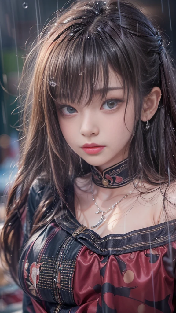 (RAW shooting, Realistic:1.5, 8k, highest quality, masterpiece, Ultra-high resolution), night, Mountain top, Great background, Expressions of sadness:0.7, (Typhoon heavy rain), Highly detailed skin and facial textures:1.3, Perfect dynamic composition:1.0, A slim high school girl wet with rain, Sexy beauty, Perfect Style, beautifully、aesthetic, Fair skin, Very beautiful face, Totally captivates you, (The rain drips down on my body:0.7, Wet Hair:0.7, Wet casual clothes:1.1), Water droplets on the skin, Shapely breasts, Chest gap, A shy smile, Her expression when she felt intense caresses, Facial expressions when feeling happy, (Big eyes tもっている exude beautiful eroticism, Lips tもっている exude beautiful eroticism), (Too cute, Charm), necklace, Earrings, bracelet, ribbon, Cowboy Shot
