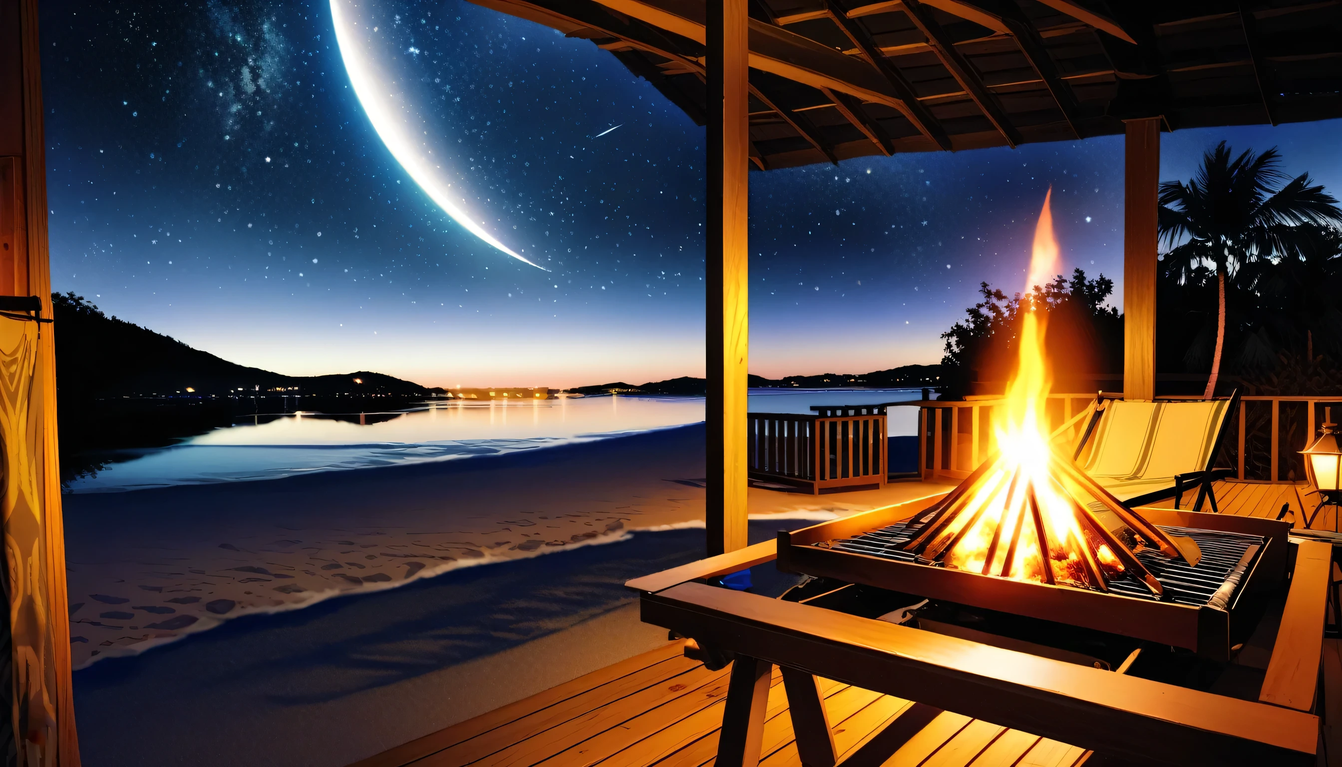 High fidelity Photograph、beach campsite、bonfire、beautiful sandy beach、The crescent moon is beautiful、tent、unburned bonfire、Grill、deck chair、starry、Quiet place、beautful view、lamplight、there was no one。