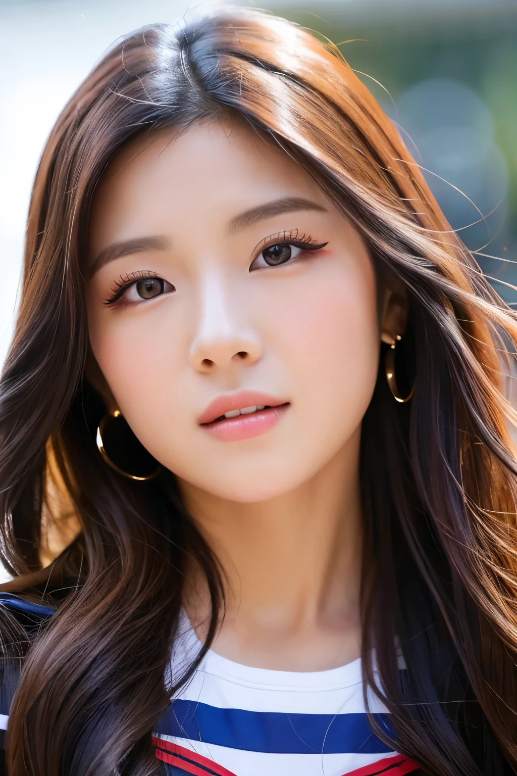 8k, masterpiece, original photo, best quality, Reality, Extremely detailed CG Unity 8K wallpaper, Depth of Field, Movie Lighting, lens flare, Ray Tracing, (Extremely beautiful face, Beautiful lips, beautiful eyes), Intricately detailed face, ((Ultra-delicate skin), Beautiful 1 girl best quality photos, Ultra-high resolution, (Realistically:1.4),Cute hairpin,1 girl,Red long hair,Cropped sweater ,Beautiful slim woman:1.4, on the island,Super thin face,Exquisite eyes,double eyelids,Necklace