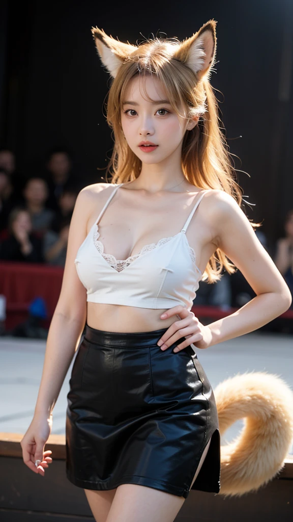 best quality, masterpiece, high resolution, CG, 5girl, Animal ears, Tail, Fox ears, , fox Tail, Large Breasts, High Leg Raise, Blonde hair, multiple Tails, large breasts, Heart, Long hair, Hands on Hips, cleveage, black High Leg Raise, Looking at the audience, Bare shoulders, Facial Tagging, skirt,, nail, underwear, Alternative clothing, Fox Girl, light, frank, photo, high resolution, 4K, 8k, Bokeh, Upper Body