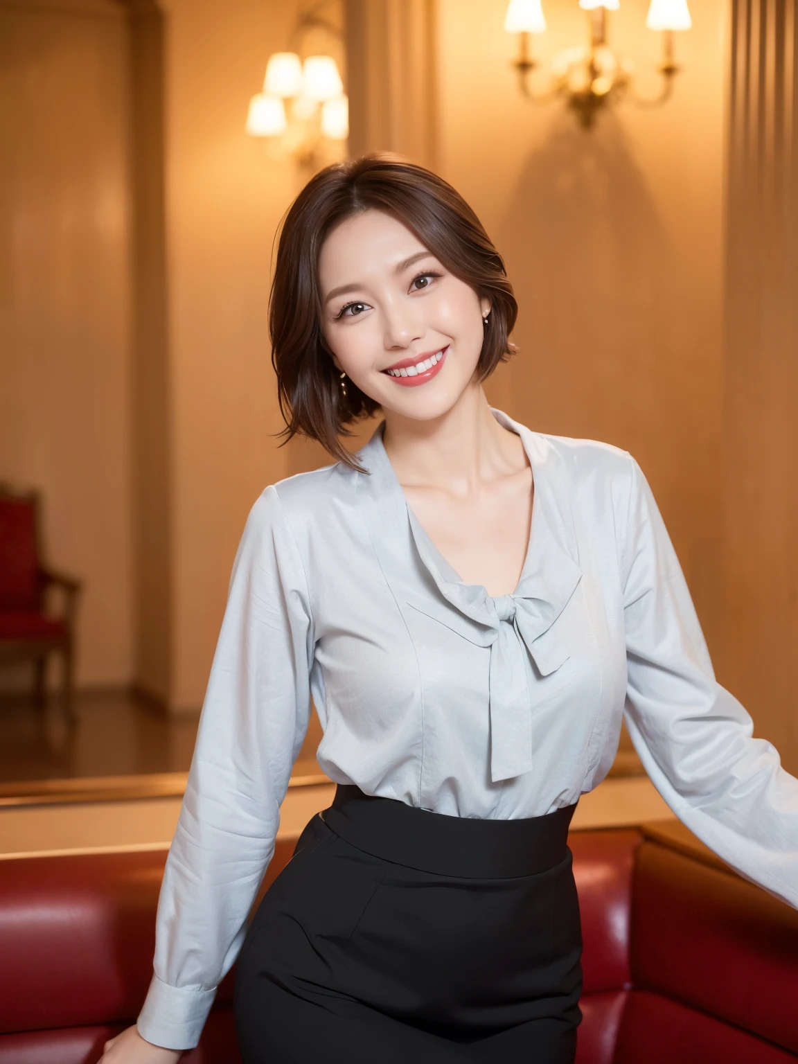 masterpiece,highest quality, (Mature Woman、30 years old),  Glare, （Light grey blazer:1.6）, （White ruffled blouse：1.5）, （Black pencil skirt：1.4）、double eyelid, eyelash, Lip gloss, (smile:1),  (Looking at the audience、Full body image、Are standing),Written boundary depth、尖ったRed Mouth、(Black wet shiny short hair),Red Mouth,clavicle、（Full body portrait：1.6）、Digital Illustration, (Realistic:1.3),(RAW Photos),(The hotel lobby is reminiscent of the Russian Kremlin:1.6）、（A dignified atmosphere:1.3)、(smile:1.5)
