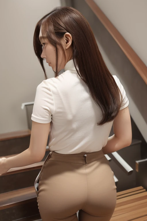 Young Japanese、woman、26 years old、Beauty、(Slender body、slender),(Long Hair、chestnut-colored hair),(Pure white cut-and-sew top、No sleeve、Short sleeve、White shirt、White cut and sew:1.7),Large Breasts、The bumps on the chest are visible、Small butt、(The lines of the lower body are emphasized、Pants、Tight slacks,Light brown slacks、Perfect for the body:1.8)、(Panty lines showing through pants:1.8)、Sexy Style、cute、Straight face、(Back view、Looking back on this、Straight face:1.8),Stick your ass out、(Wearing black high heels:1.3)、(Full body shot、Shooting from a little distance、Shooting from a distance:1.3)、(Full body photo:1.8)、(The line of the underwear is visible:1.4)、(Stairs:1.6)、(Anatomically correct body structure、Well-formed look、Correct Hand Structure、Balanced face)、Like a real photo