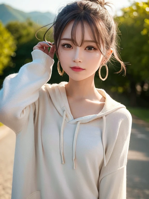 masterpiece, highest quality, High resolution,alone,Two-tone hair, Small earrings,Artistic,Best lighting,casual,Flat Chest,Beautiful Face,expensive,smile,light makeup,natural,24-years-old,Calm woman,Hair blowing in the wind,Blurred Background,Face Focus,Detailed Hair,A woman laughing,Woman wearing a hoodie,Woman with her hair tied up,Forehead,short hair,camp