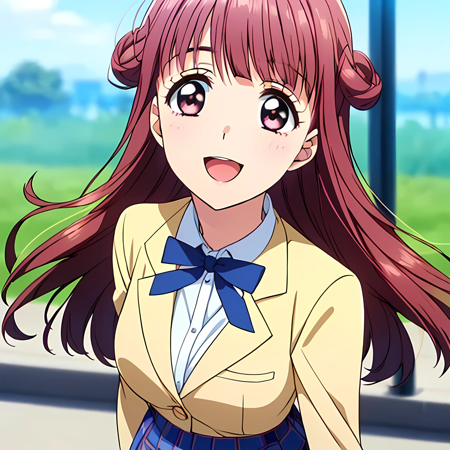 highest quality, (masterpiece:1.2), Very detailed, Game CG, ((((Very beautiful school uniform１Close-up shot of a girl)))), ((The girl everyone loves)), (((Very beautiful pink hair))), (((Navy blue blazer))), ((Dark navy blue checked long skirt)), ((((Very beautiful and shining eyes)))), ((Very long eyelashes)), A large crimson ribbon on the chest, ((An elegant expression like a noble princess)), (((A beautiful and enchanting smile))), Small face and great posture, ((Give the viewer a heavenly feeling of happiness)), (((Blur the background))), ((Very intelligent face)), ((Anime heroine smiling and open mouth)), ((I really want to kiss you))