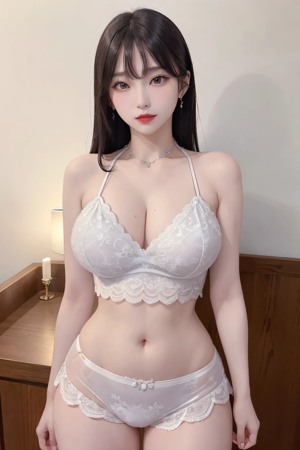 A sexy and charming korea woman, legs thrown back, elegant and intellectual, confident and generous, exquisite and beautiful face, exquisite collarbone, charming fragrant shoulders, navel, full body wet photo, body facing the front, beautiful and exquisite pretty face, peach Red lips, fragrant shoulders slightly exposed, super big breasts looming, focus on the face, seductive and delicate collarbone, ultra-high resolution, tender and smooth skin, very realistic details, bokeh, Bright Background, ultra-high-definition, outstanding details, 8K, blushing face, Attractive collarbone, sexy shoulders, one person, wet bob hair, ponytail long hair, smile with teeth, clothes((luxury lace crop top and lace boxers with deep cleavage, luxury necklace):1.2), high detail, shiny skin, (standing pose:1.5),