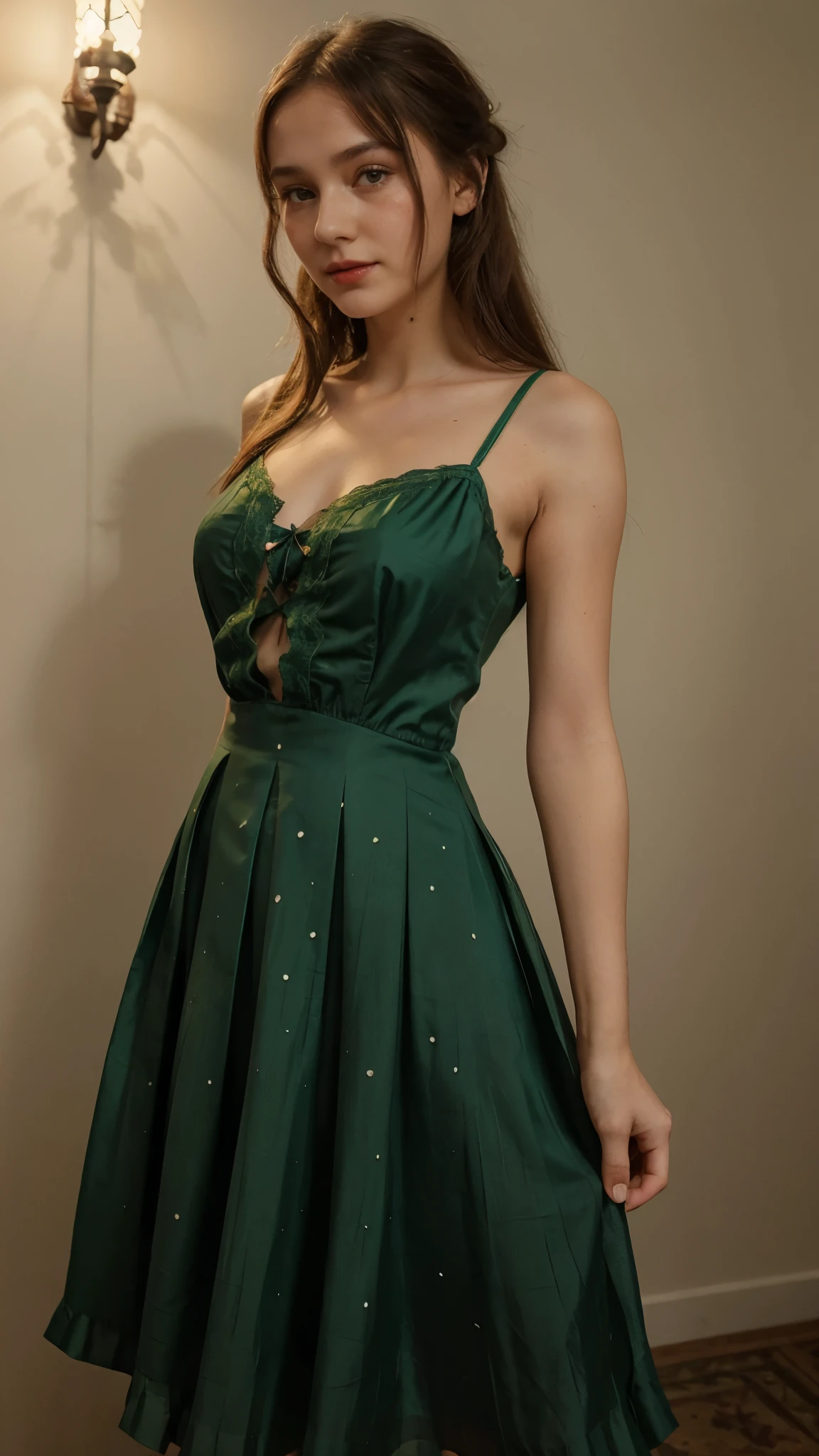 (simple style), green dress, Butterfly heart, pleated lace, Edwardian lace dress. add skin blemishes, acnes, spots beautifully, little smils, red lips, night time, super cute and gorgeous,