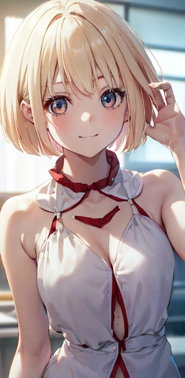 Chisatoniki, Chisato, short hair, bangs, Blonde, (Red eyes:1.0), One side up, Bobcut,Medium chest、Grin,highest quality, High resolution, unity 8k wallpaper, (shape:0.8), (Beautiful and beautiful eyes:1.6), Highly detailed face, Perfect lighting, Detailed CG, (Perfect hands, Perfect Anatomy),全身shape、