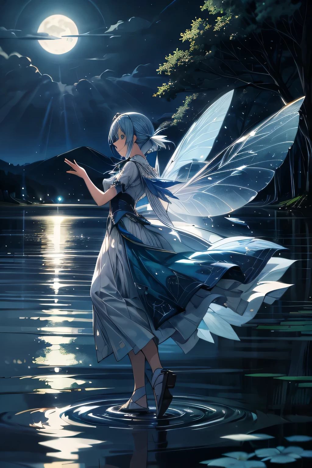 Fairy、Water feathers、lake、dance、night、moonlight