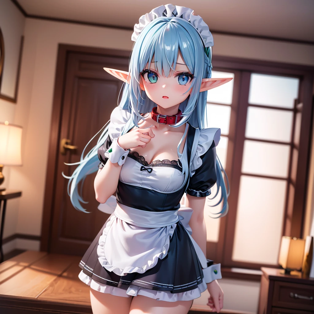 (best quality, masterpiece, uncensored, high quality, ultra detailed, extremely detailed CG, beautiful face, beautiful eyes, beautiful hair), ((((solo)))), ((((1girl)))), ((((Light blue long hair)))), (((((Elf))))), ahoge, heterochromia, small breasts, (((((Maid))))), (((((maid clothes))))), (((((collar))))), (((maid headdress))), (((((wrist cuffs))))), happy, (((((standing))))), (((((bedroom))))), (extremely awesome detailed pretty face, extremely awesome detailed eyes, extremely awesome detailed shiny hair:1.2), extremely awesome detailed dynamic lighting, extremely awesome detailed caustic, extremely awesome detailed deep shadows,(best quality, highres, absurdres, extremely awesome detailed CG unity 8K HDR wallpaper, perfect anatomy:1.1),(extremely awesome detailed realistic, extremely awesome detailed 3d:1.0)