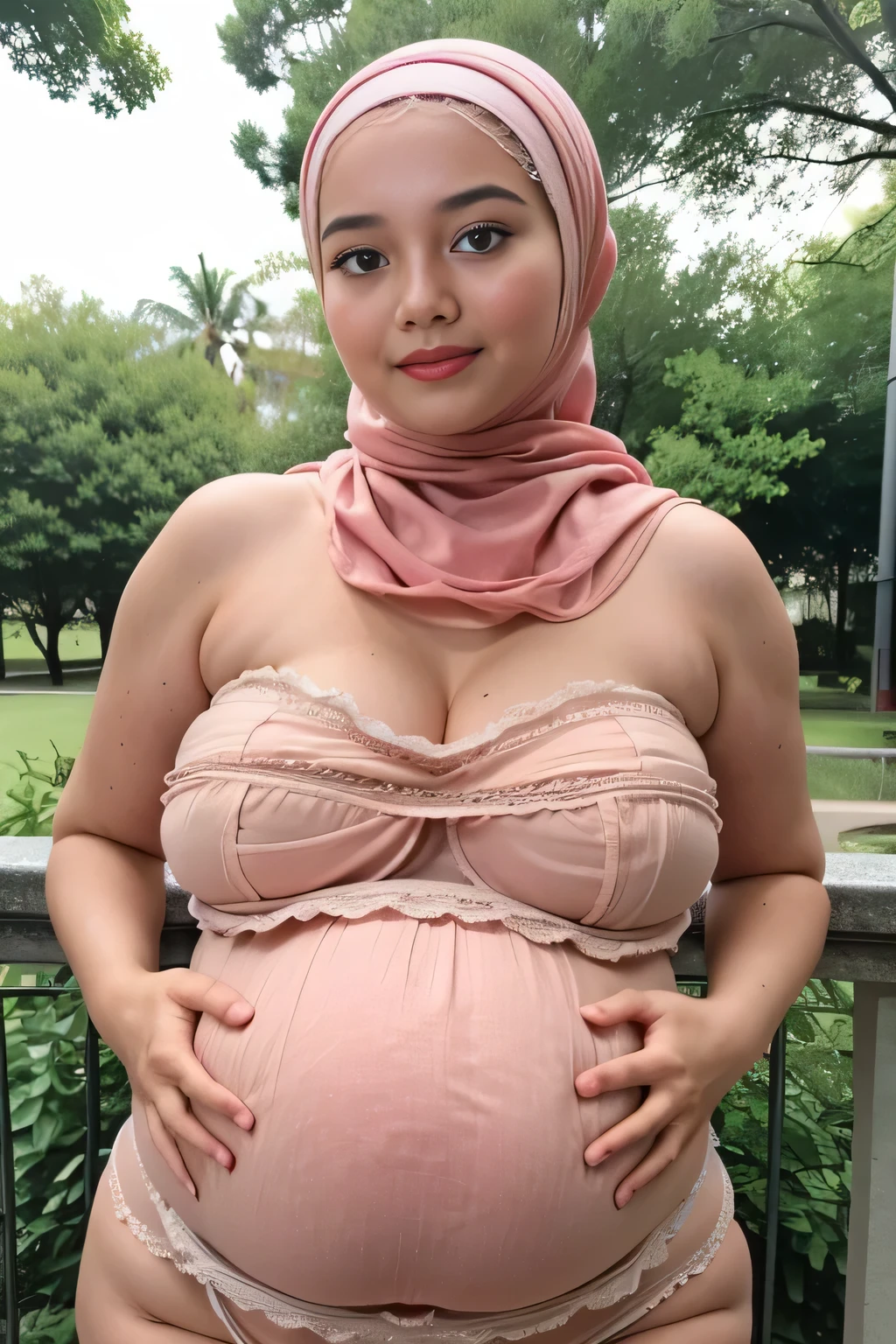 RAW, Best quality, high resolution, masterpiece: 1.3), Beautiful Malay woman in hijab, Masterpiece, perfect fit body, ((Big breasts)), ((huge pregnant)), beautiful big eyes, Soft smile,Muslim woman wearing pink lace strapless bra and panties, hairband, evening walk, City park, Great lighting, Bright colors, Clean lines