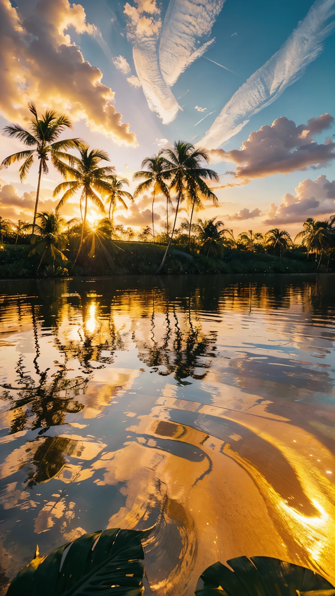 A vibrant tropical landscape with a stunning sunset, palm trees swaying gently, crystal-clear water reflecting the golden hues, and exotic flowers in full bloom.