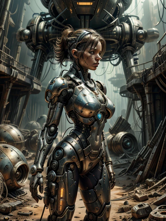 A stranded female Cyborg Soldier in an abandoned Battle Starship Shipwreck, metal cable wire, circuit cables, dystopian futuristic scene, realistic style in Don Lawrence brush stroke, oil on canvas, octane render with dramatic lighting and strong shadows, her clothing is tattered and worn out, she has a scar or battle wound, she is wearing a futuristic helmet or visor, she has mechanical enhancements like cybernetic eyes, the shipwreck environment feels eerie and desolate, there is some broken machinery or equipment around her, and her expression is determined and battle-worn