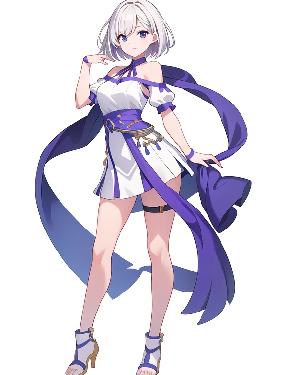 (((Best Quality))) , ((full body)), female, solo, (white background), bare shoulders, bare legs, sleeve less,
