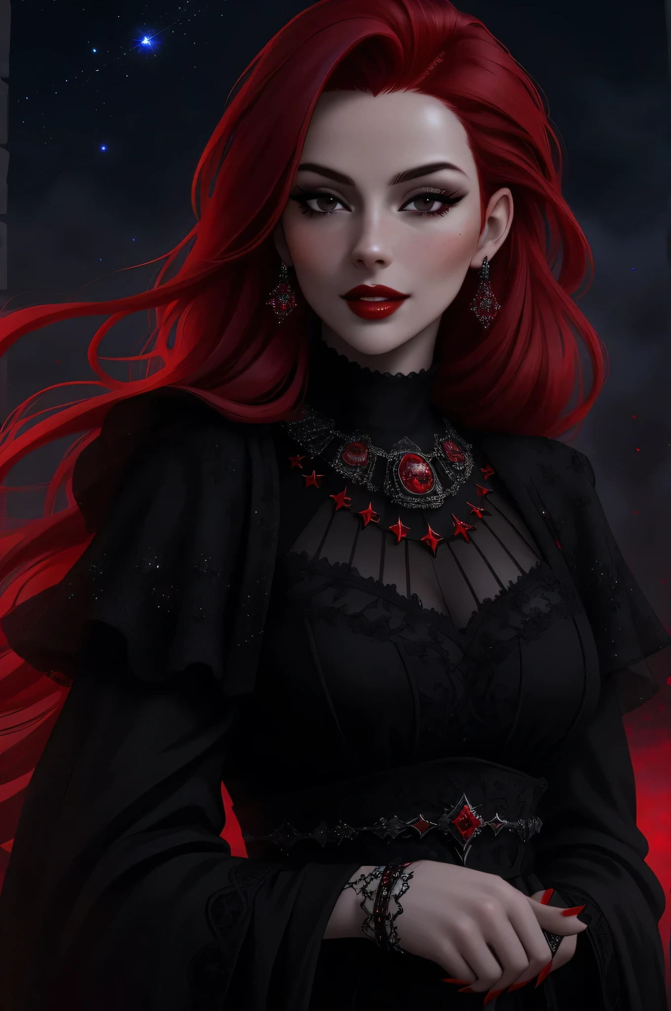 ((vivid red hair)), mature woman, 30 years old, diamond face, red starry sky background, depth of field, magic, big red lips, ((dark and black eyes)) black and red long and full dress, covered chest, mystical atmosphere, ominous shadows, Intense blue aura, Intense red aura (best quality:1.2), absurdres, intricate details, (highly detailed skin:1.2), smile expression, posing, taut and well defined body, attractive. Highly realistic, white skin, beautiful, hyperrealism, skin very elaborated, direct gaze,
