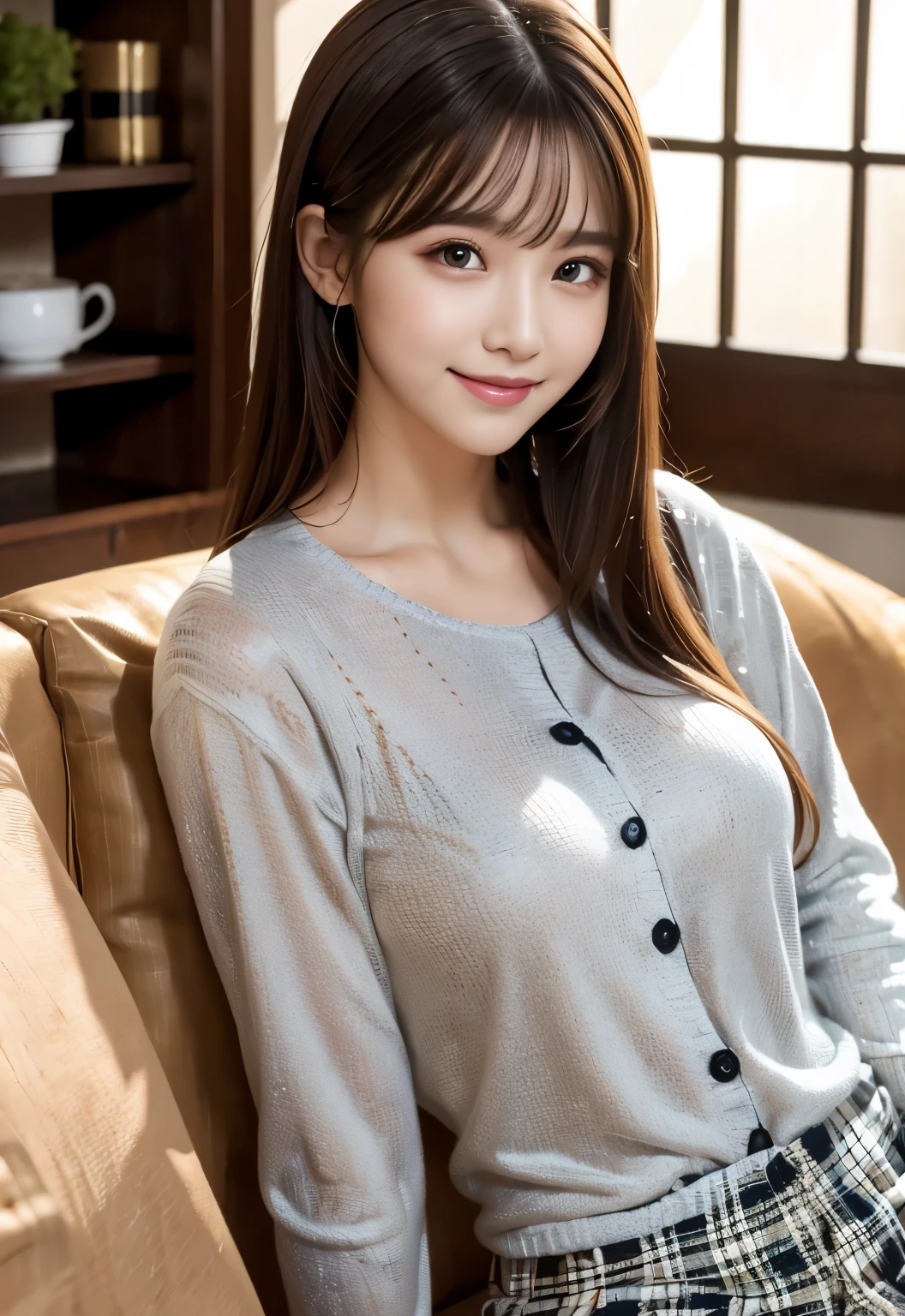 (masterpiece, best quality:1.1), (8k, raw photo, photo realistic:1.2, f22), (shiny skin), detailed skin,long hair,detailed face, detailed eyes,smile,BREAK, real world, intricate details, smil, BREAK, 1girl, full body,(long sleeves,pajamas,plaid pattern,Black and White,Cat ear)BREAK, (sofa:1.4)