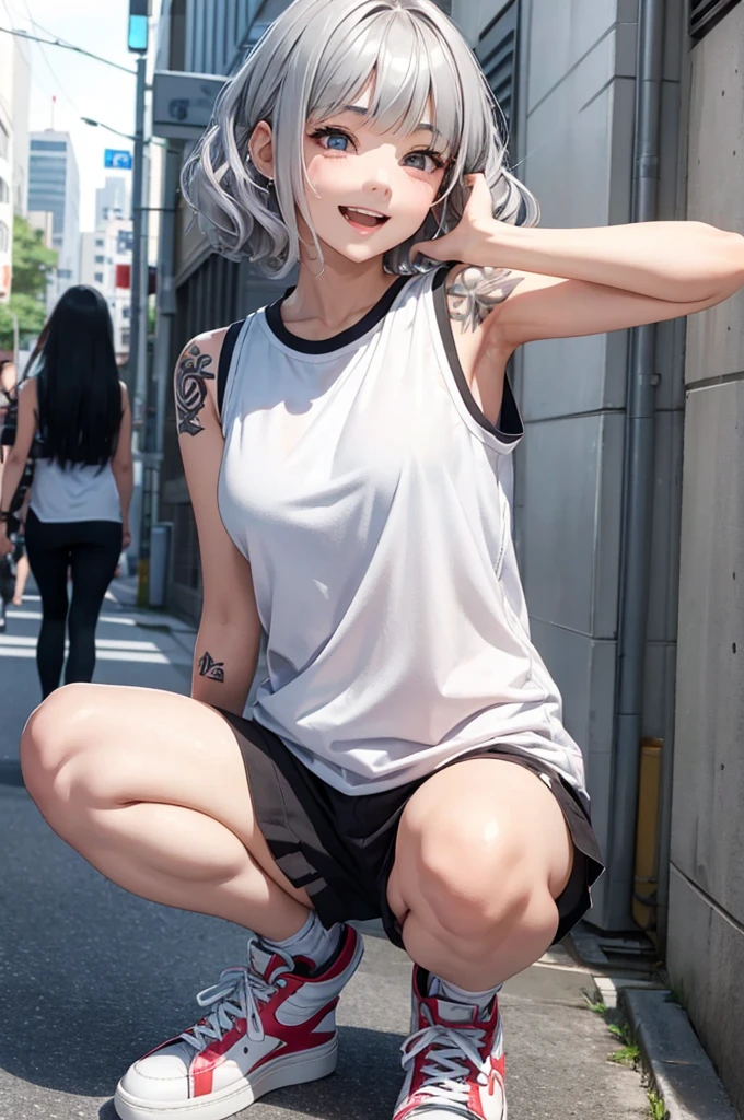 ({Mia},1girl,tween,beautiful detailed face,(silver hair),(wavy-short hair),parallel eyebrows,navy eyes with large brown irises,blunt bangs,small nose,small mouth, fresh lips,small chin,small breasts,small hip,(5feet tall)),
BREAK very happy,smile,(very loud laugh),open mouth,BREAK She has (many tattoos all over her body),squatting,
BREAK Oversized sleeveless t-shirt,rubber high-top sneakers,downtown of tokyo,