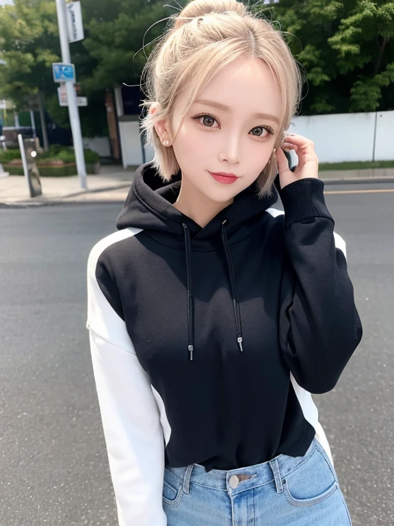 masterpiece, highest quality, High resolution,alone,Two-tone hair, Small earrings,Artistic,Best lighting,casual,Flat Chest,Beautiful Face,expensive,smile,light makeup,natural,27 years old,Calm woman,Hair blowing in the wind,Blurred Background,Face Focus,Detailed Hair,A woman laughing,Woman wearing a hoodie,Woman with her hair tied up,Forehead,short hair,Waterfront