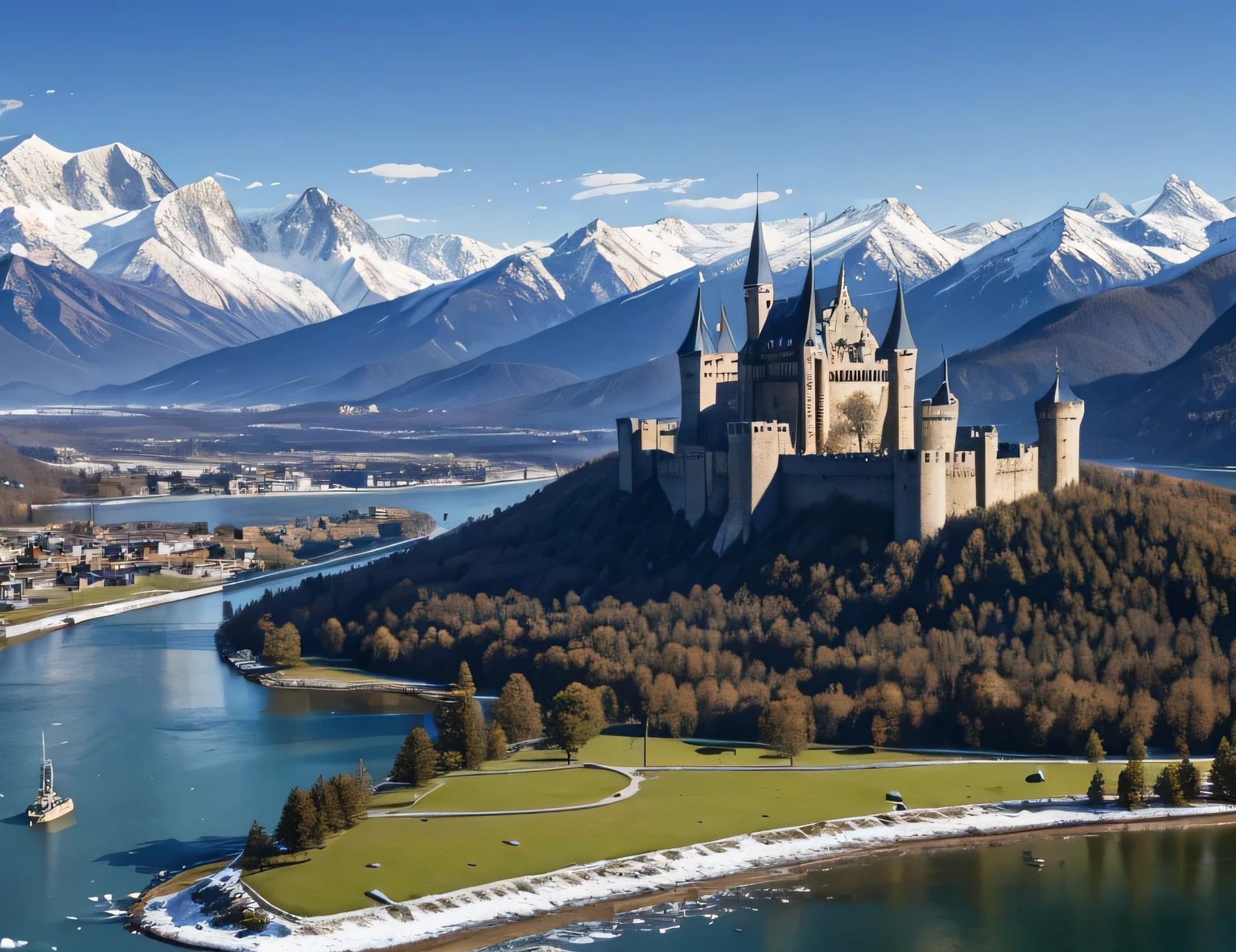 high-grounded medieval castle with the city surrounding it, near by a wide river and a view of snowy mountains