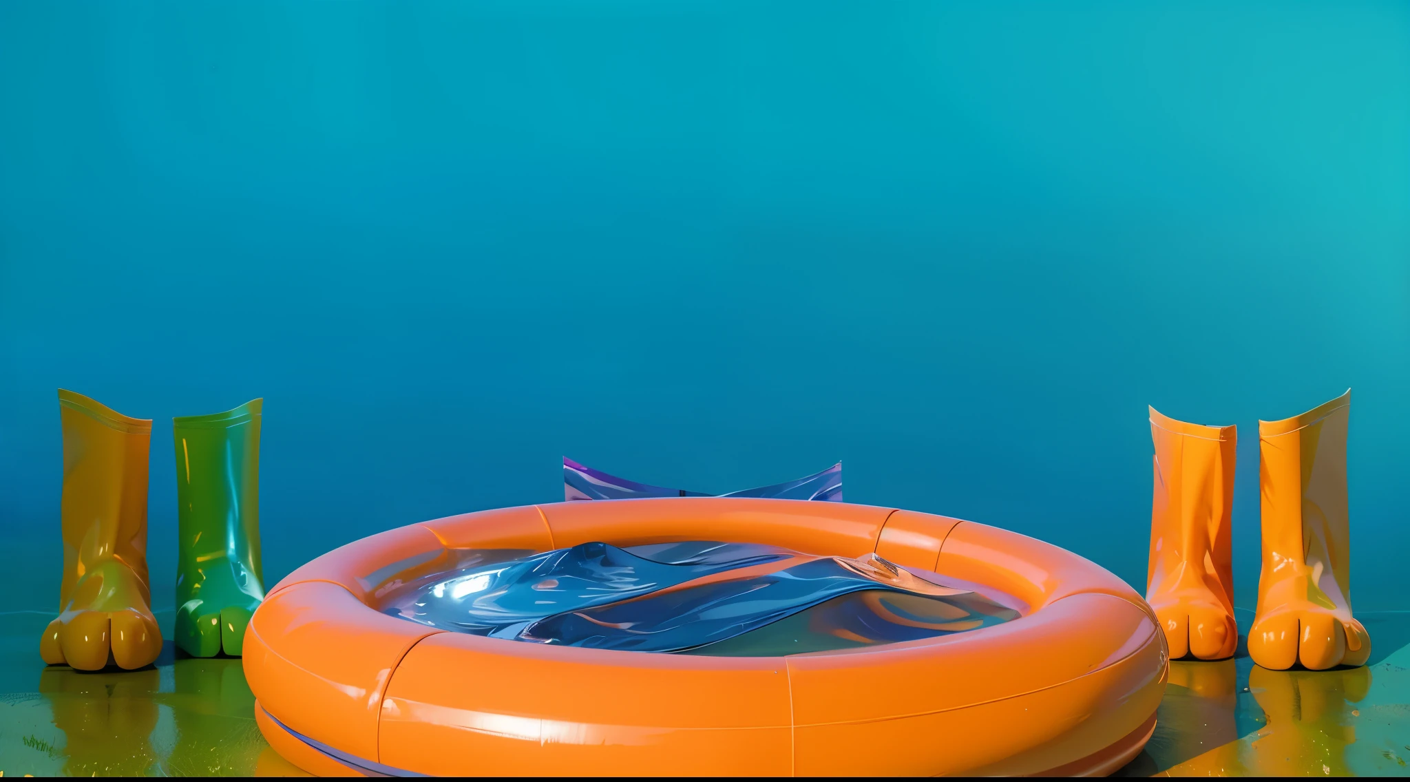 An inflatable swimming pool on a lawn, surrounded by green and orange boots. The image depicts two large orange glossy feet with five toes each, standing on a blue surface. The feet have a unique design, with the big toe pointing inwards. The skin on the feet has wrinkles and looks rough. The image depicts two large orange feet with five toes each, standing on a blue surface. The feet have a unique design, with the big toe pointing inwards. The skin on the feet has wrinkles and looks rough. cartoon key frame rendering, cute 3D rendering, Shiny metallic,Create ultra sharp  цветной рендеринг zbrush. perfect cgi, cgi art created only with gradients, smooth silhouette, Create ultra sharp skin, high intensity refraction, (plastic material), most beautiful vfx, blue background, plastic refractions, glossy texture, smooth 3d model, multiple light sources, rim light, sharp post effects render, (glossy plastic texture with multiple big light probe refractions), perfect cgi, cgi art created only with gradients, smooth silhouette, high intensity refraction, (plastic material), most beautiful vfx, blue background, plastic refractions Create ultra sharp