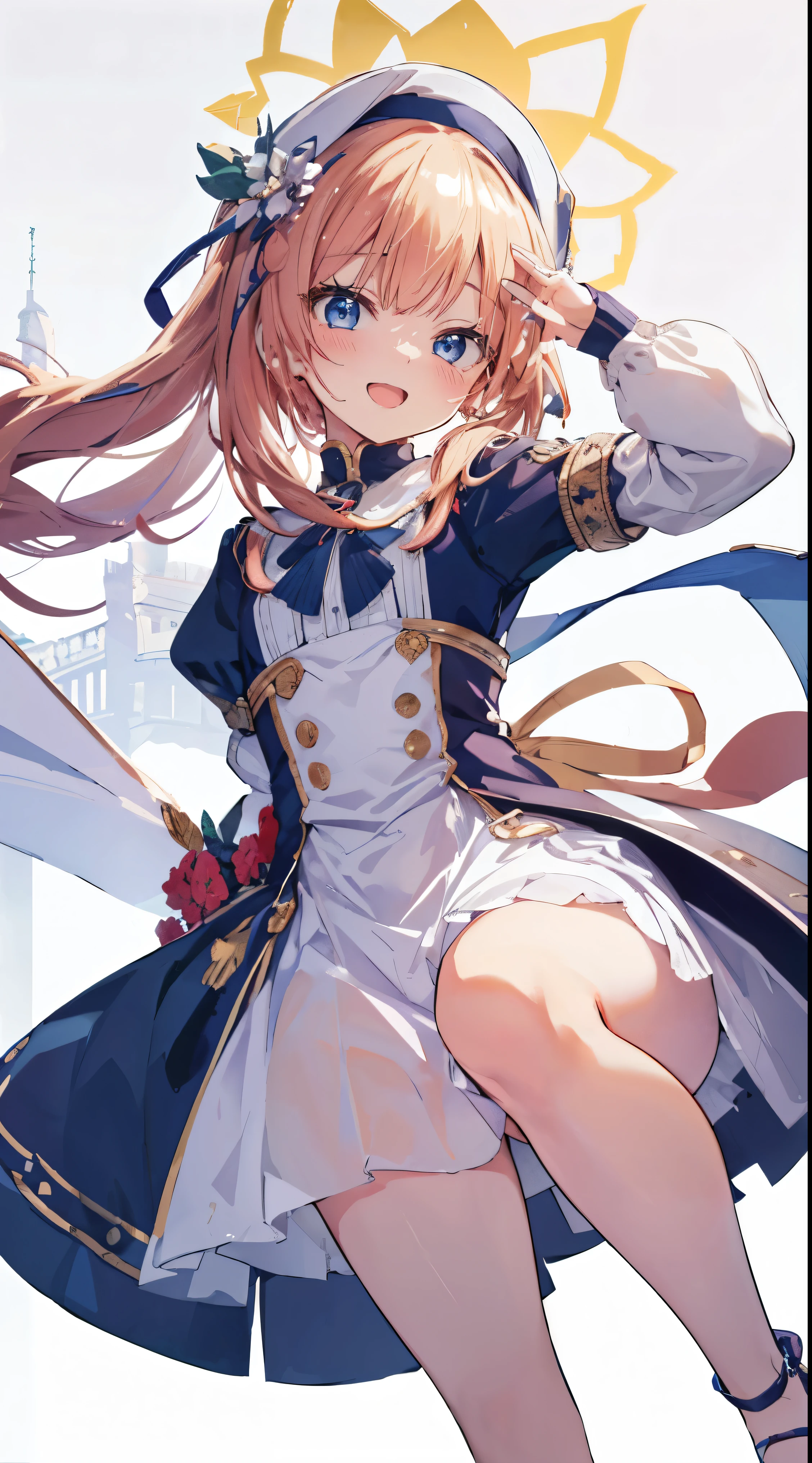 Masterpiece、Highest quality、highest quality、((((Petite))))、(Open Mouth Smile)Thighs、、Shiny hair quality、Small face、Dynamic pose、Super detailed, beautiful, wide eyes、Ultra-detailed, clear and beautiful faces、(cute illustration:1.2), High-resolution, ultra-detailed, best quality, embarrassed、cute, Awards, Anatomically correct
