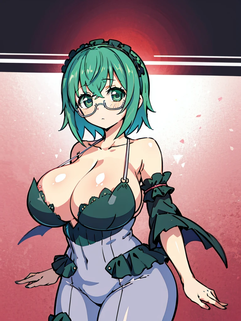 1girl, masterpiece, best quality, highres, high quality, maya yamada, short hair, (green eyes:1.3), green hair, glasses, semi-rimless eyewear, under-rim eyewear, tre anatomically correct, perfect body, tight thight, curvy, huge breasts, massive breasts, saggy breasts, Pretty face, perfect face, Reddening cheeks, (gothic lolita)