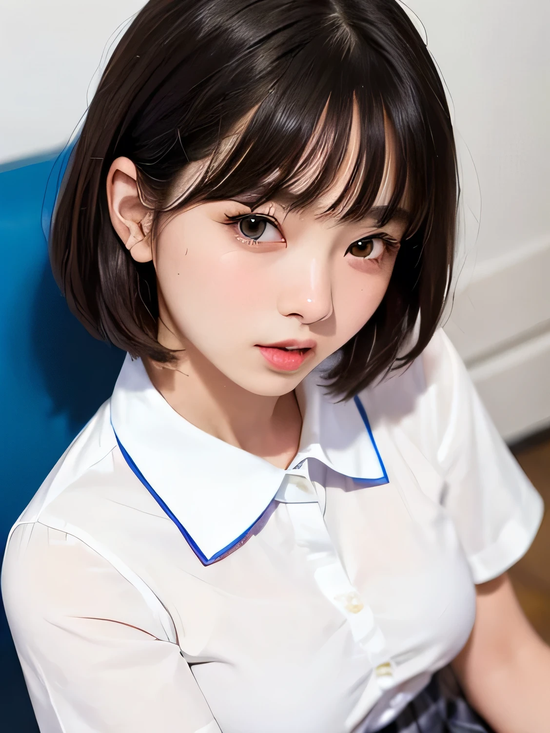 ((vivid, Realistic: 1.5), No background: 1.0, Portrait of a beautiful 17 year old Japanese girl: 1.2, Light Gray Background: 1.1, Breast augmentation: 1.2, cute: 1.0,Follow me please (Sitting on the ground): 1.2,((School uniform、White short-sleeved dress shirt、Pleated skirt)):1.1. Semi-short hair: 1.2, Black Hair: 1.2, Small face: 1.1, Messy Hair: 1.1,Punk hairstyle