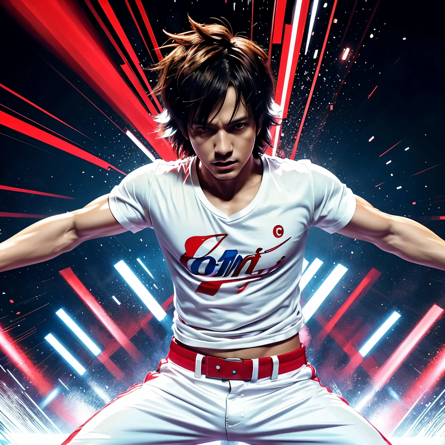 An anime-style illustration resembling Japanese digital painting, depicts a man with white t-shirt and a red pant in various dancing poses. The strokes capture the dynamic movements of hip-hop dance, adding a sense of energy and fluidity to the artwork