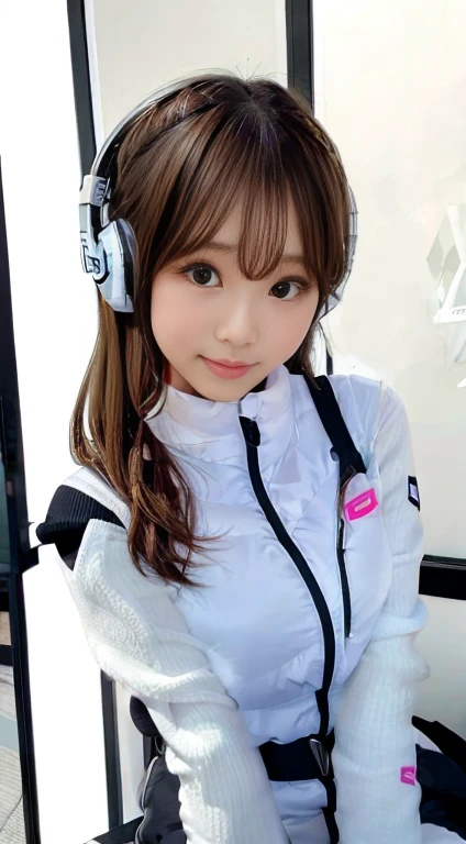 highest quality、超A high resolution、(Photorealistic:1.4)、Beauty、Korean Idol、21 years old、Highly detailed eyes and face、Beautiful and fine details、Eyeliner、High nose、Small Face、Natural light、Depth of written boundary、Blurred Background、High resolution、8k wallpaper details、Highly detailed 8K wallpapers、Hair length、Light brown hair、Neat wavy hairstyle、、Very small breasts、Realistic eyes, 細い narrow eyes、Beautiful Eyes、Laughter、(astrovest):10,(black sleeves):5,(headphone ):2、Hi-tech office interior、Glass-walled conference room、Modern design desk and chair、PC and dual monitors、Foliage plant、Interactive Whiteboard、Open space、People who collaborate々