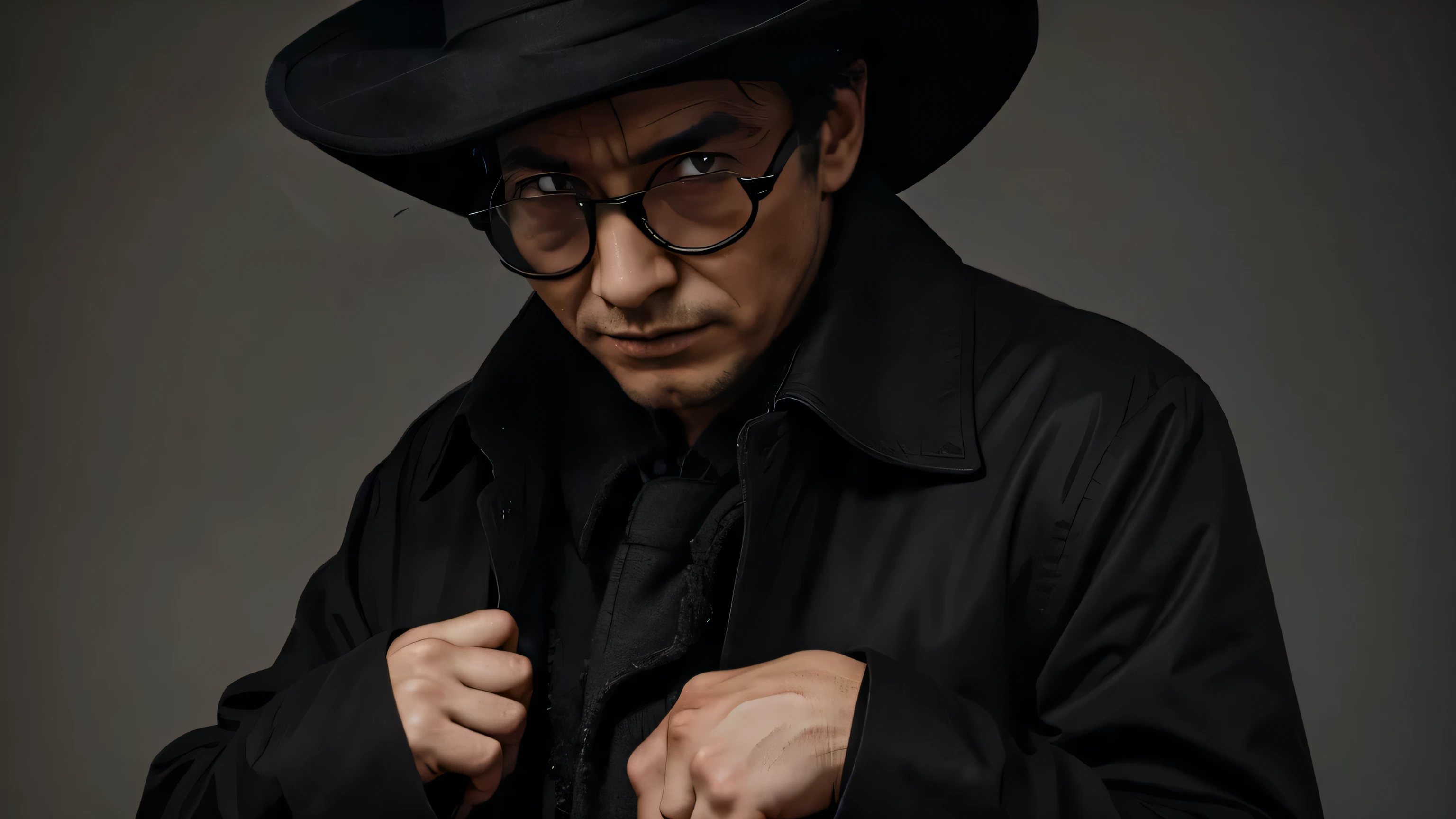Evil man wearing round glasses, a black hat and a black trench coat