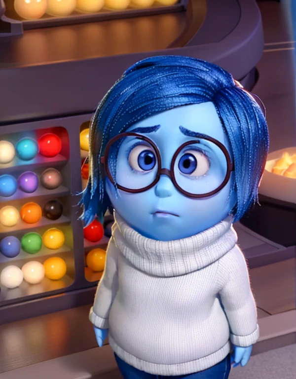 masterpiece, best quality, (Sadness_InsideOut , white turtleneck, black-framed eyewear, glasses, sadness ), colored glowing spheres, pixar, cartoon, 3d render, sfw,