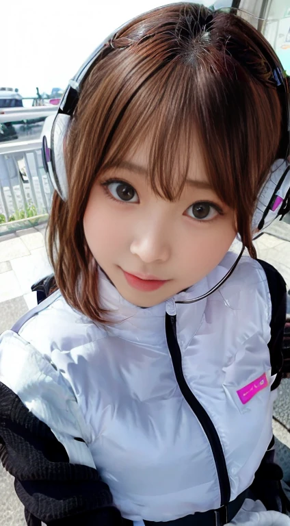 highest quality、超A high resolution、(Photorealistic:1.4)、Beauty、Korean Idol、21 years old、Highly detailed eyes and face、Beautiful and fine details、Eyeliner、High nose、Small Face、Natural light、Depth of written boundary、Blurred Background、High resolution、8k wallpaper details、Highly detailed 8K wallpapers、Hair length、Light brown hair、Neat wavy hairstyle、、Very small breasts、Realistic eyes, thin narrow eyes、Beautiful Eyes、Laughter、(astrovest):10,(black sleeves):5,(headphone ):2,(Crop top、Tank top、Wear a see-through shirt、mini skirt):0.2、On the street、thin、A thin、Slender body line、Side shot
