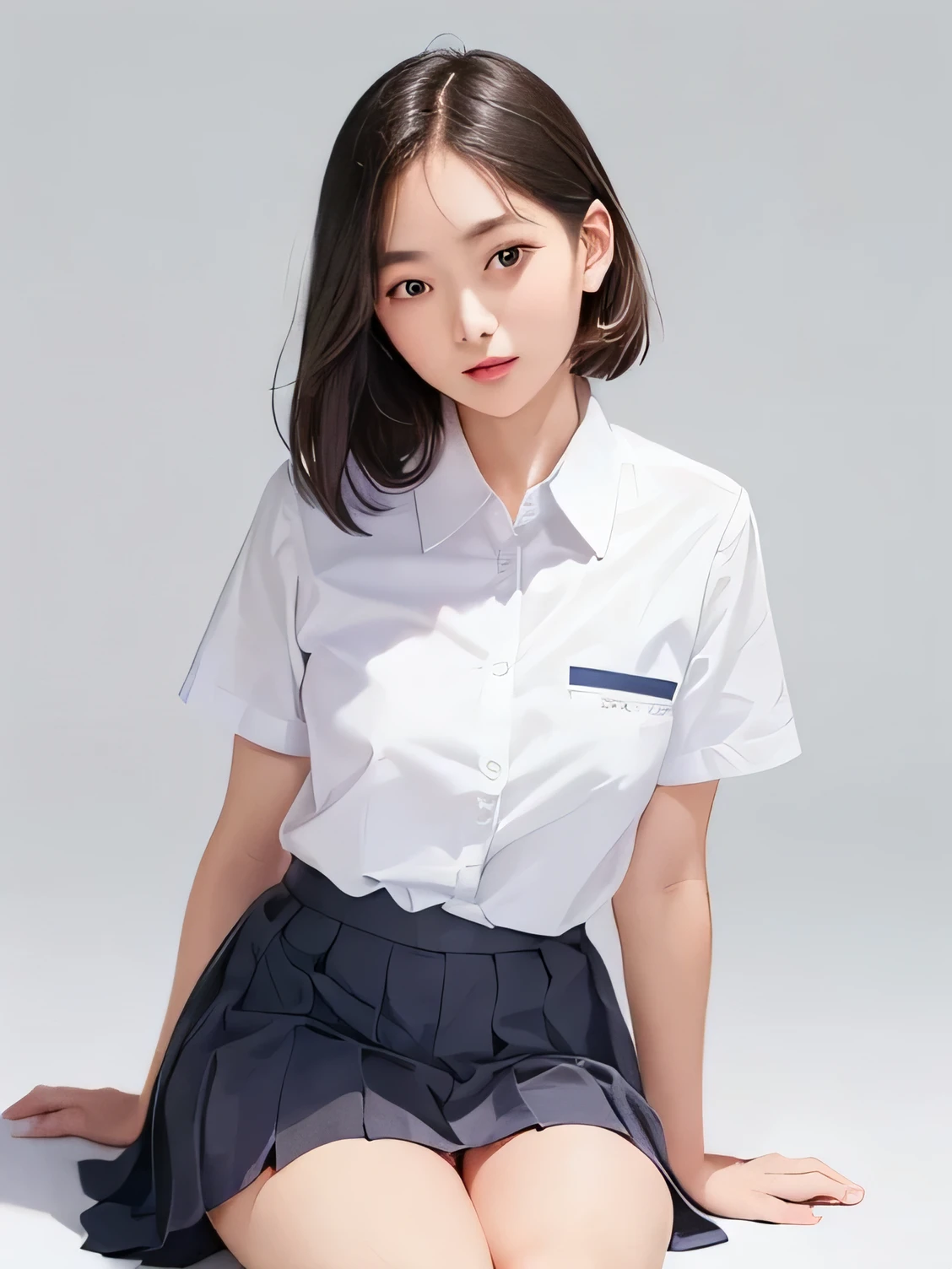 ((vivid, Realistic: 1.5), No background: 1.0, Portrait of a beautiful 17 year old Japanese girl: 1.2, Light Gray Background: 1.1, Breast augmentation: 1.2, cute: 1.0,Follow me please (Sitting on the ground): 1.2,((School uniform、White short-sleeved dress shirt、Pleated skirt)):1.1. Semi-short hair: 1.2, Black Hair: 1.2, Small face: 1.1, Straight hair: 1.1, Messy Hair: 1.1,