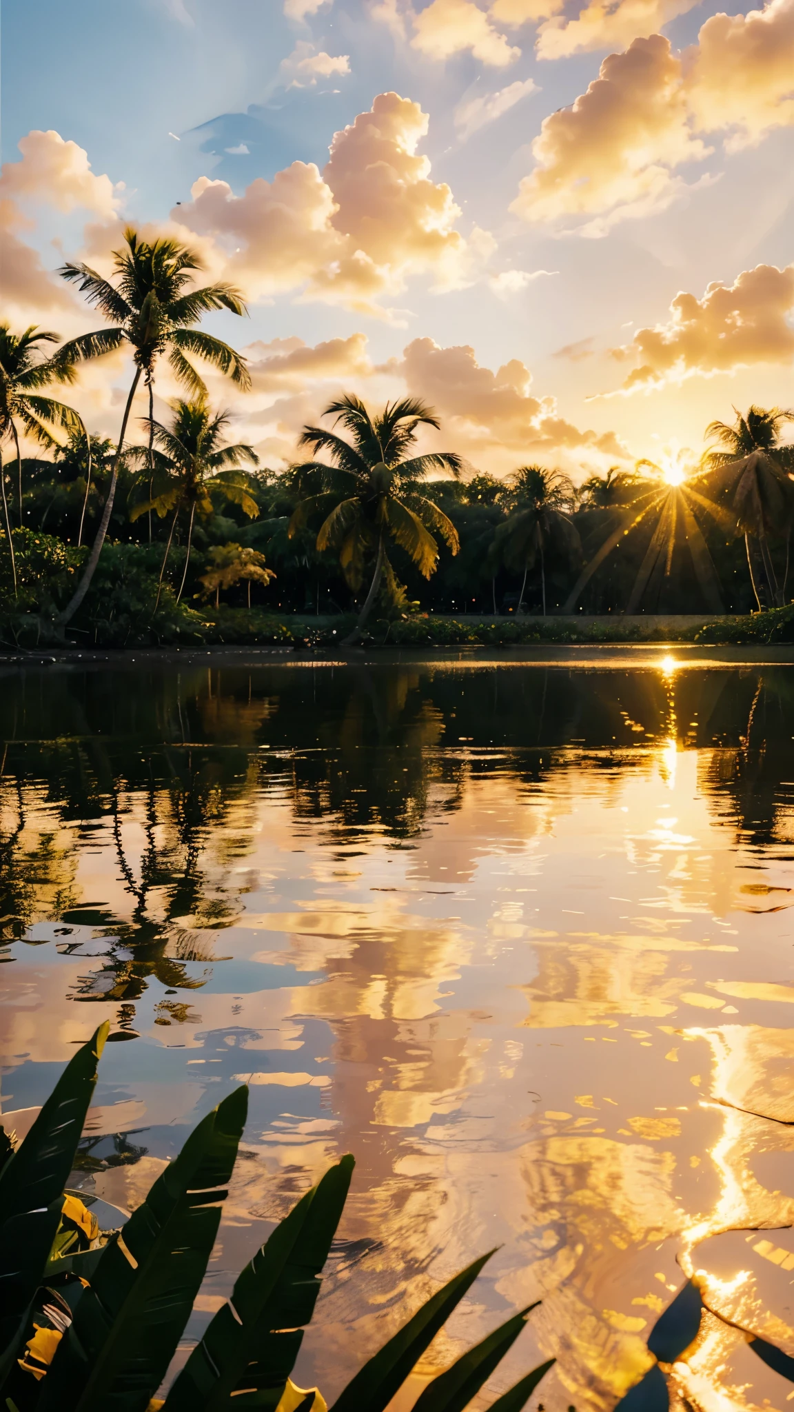 A vibrant tropical landscape with a stunning sunset, palm trees swaying gently, crystal-clear water reflecting the golden hues, and exotic flowers in full bloom.